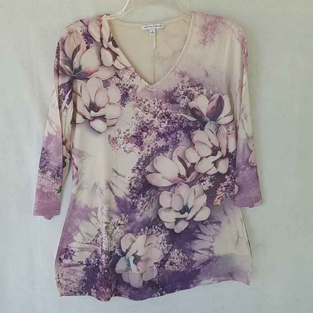 Notations Satiny V-Neck Floral Tunic Top